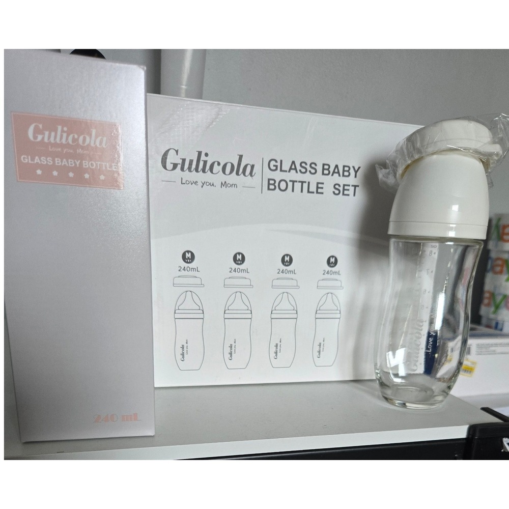 Gulicola 4 Pack Glass Baby Bottle Set 8oz 240mL Wide Neck Medium Flow White